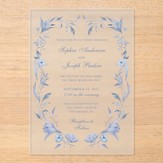 Elegante Dusty Blue Chinoiserie Wedding Acryl Uitnodigingen (Voorkant)