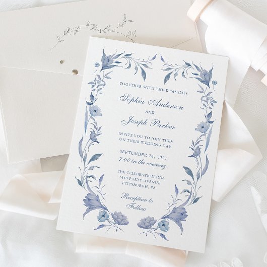 Elegante Dusty Blue Chinoiserie Wedding Kaart