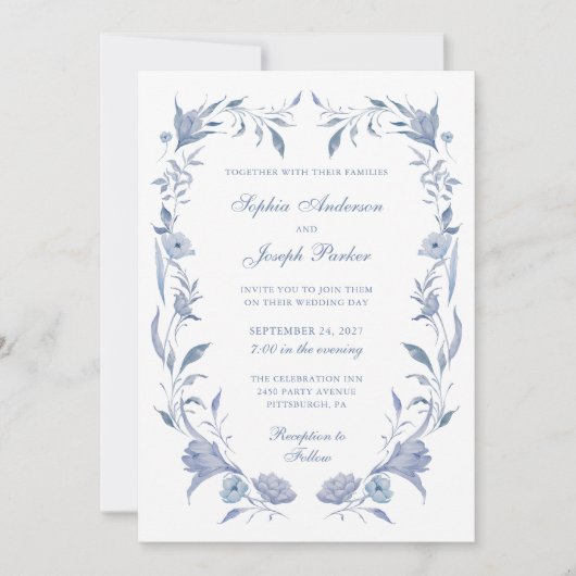 Elegante Dusty Blue Chinoiserie Wedding Kaart (Voorkant)