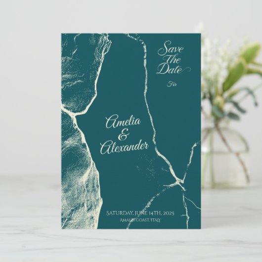 Elegante Dusty Blue & Cream Marble Save the Date Kaart (Staand voorkant)
