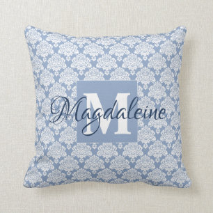 Elegante Dusty Blue Damask Monogram & Naam Kussen