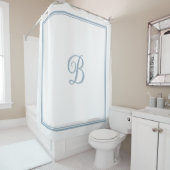 Elegante Dusty Blue Double Border Script Monogram Douchegordijn (In situ)