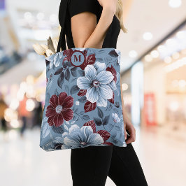 Elegante Dusty Blue en Bourgogne Floral Canvas tas