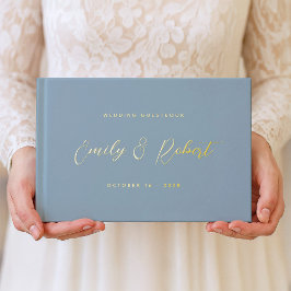 Elegante Dusty Blue en Gold Calligraphy Wedding Gastenboek