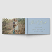 Elegante Dusty Blue en Gold Calligraphy Wedding Gastenboek (Volledig)
