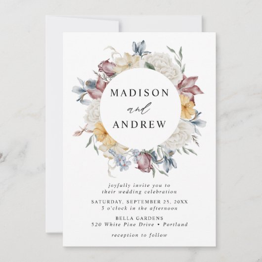 Elegante Dusty Blue en Mauve Wildflower bruiloft Kaart (Voorkant)