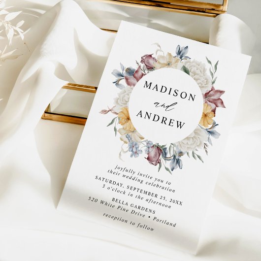 Elegante Dusty Blue en Mauve Wildflower bruiloft Kaart