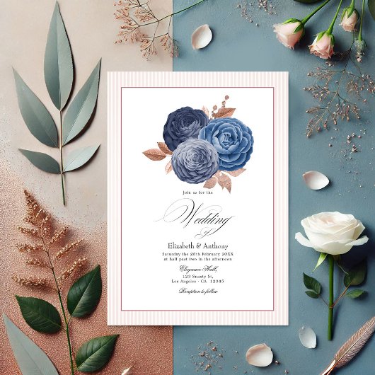 Elegante Dusty Blue en Roos Gold Floral Wedding Kaart
