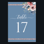Elegante Dusty Blue en Roos Gold Wedding Kaart<br><div class="desc">Elegante bloemige tafel nummerkaart met prachtige handgeschilderde waterverf hoek boeket en sierlijke moderne kalligrafie. Waterverf bloeit in een combinatie van blush roze,  ivoor,  roos goud,  blauw stoffig blauw en salie groene tinten. Boven- en onderkant rozen gouden sprankelende strepen. Onderdeel van onze "Blissful Floral" bruiloft en evenementen collecties.</div>