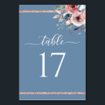 Elegante Dusty Blue en Roos Gold Wedding Kaart<br><div class="desc">Elegante bloemige tafel nummerkaart met prachtige handgeschilderde waterverf hoek boeket en sierlijke moderne kalligrafie. Waterverf bloeit in een combinatie van blush roze,  ivoor,  roos goud,  blauw stoffig blauw en salie groene tinten. Boven- en onderkant rozen gouden sprankelende strepen. Onderdeel van onze "Blissful Floral" bruiloft en evenementen collecties.</div>