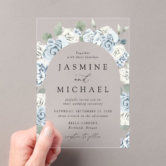 Elegante Dusty Blue Floral Arch Lijst Wedding Acryl Uitnodigingen (Insitu (Draagbaar))