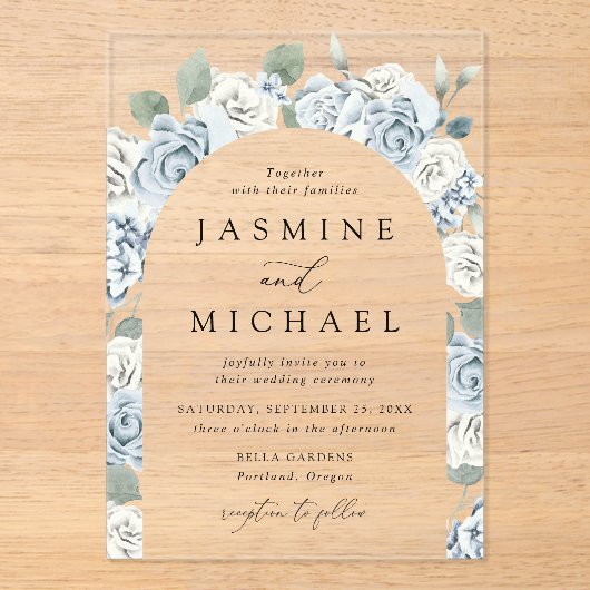 Elegante Dusty Blue Floral Arch Lijst Wedding Acryl Uitnodigingen (Voorkant)
