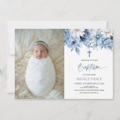 Elegante Dusty Blue Floral Custom Afbeelding doop Kaart (Voorkant)