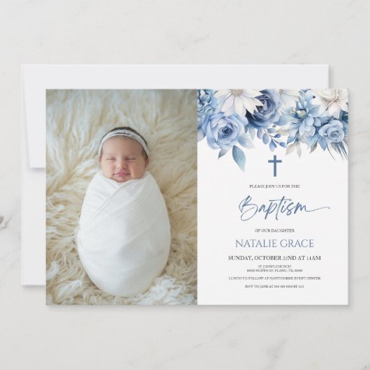 Elegante Dusty Blue Floral Custom Afbeelding doop Kaart (Voorkant)