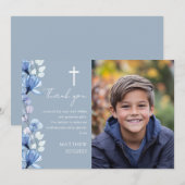 Elegante Dusty Blue Floral Fotobevestiging Bedankkaart (Voorkant / Achterkant)