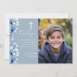 Elegante Dusty Blue Floral Fotobevestiging Bedankkaart
