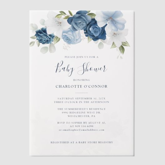 Elegante Dusty Blue Floral Girl Baby shower Vellum Uitnodigingen (Voorkant)