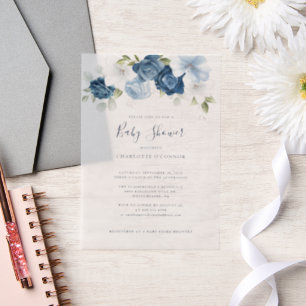 Elegante Dusty Blue Floral Girl Baby shower Vellum Uitnodigingen