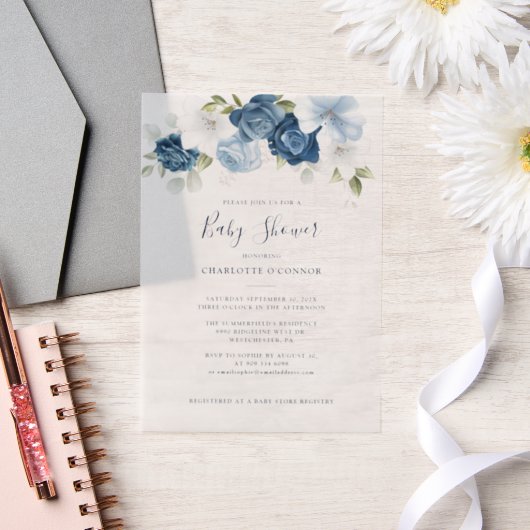 Elegante Dusty Blue Floral Girl Baby shower Vellum Uitnodigingen (Huwelijk)