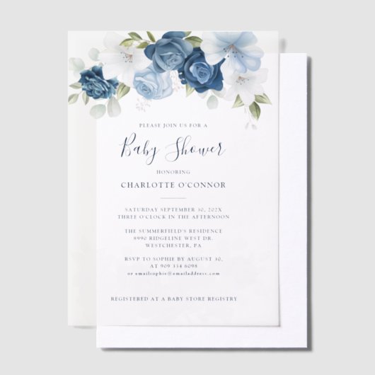 Elegante Dusty Blue Floral Girl Baby shower Vellum Uitnodigingen (Offset)