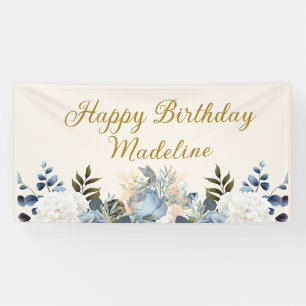 Elegante Dusty Blue Floral Happy Birthday Naam Spandoek