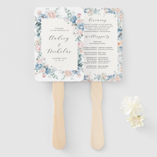 Elegante Dusty Blue Floral Peach Wedding Program Handwaaier (Voorkant en achterkant)