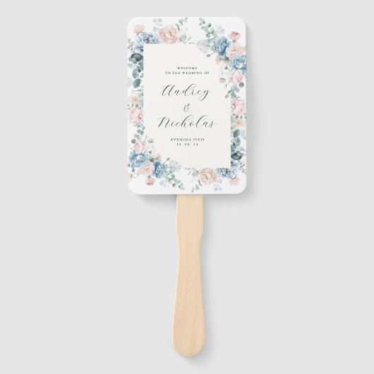 Elegante Dusty Blue Floral Peach Wedding Program Handwaaier (Voorkant)