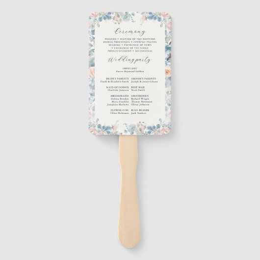 Elegante Dusty Blue Floral Peach Wedding Program Handwaaier (Achterkant)