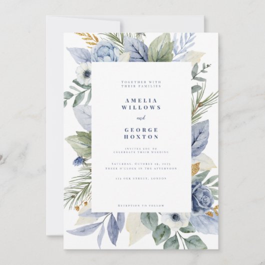 Elegante Dusty Blue Floral rustieke bruiloft Kaart (Voorkant)