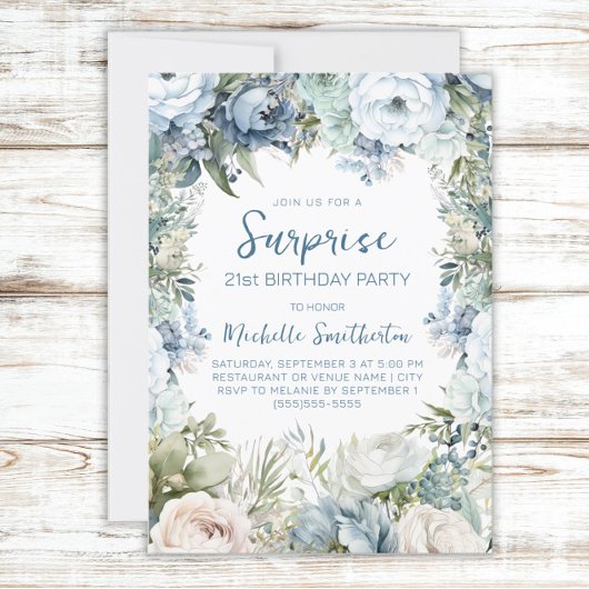 Elegante Dusty Blue Floral Surprise 21e verjaardag Kaart