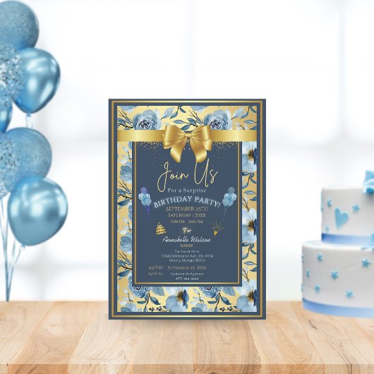 Elegante Dusty Blue Floral Surprise Verjaardag Cus Kaart