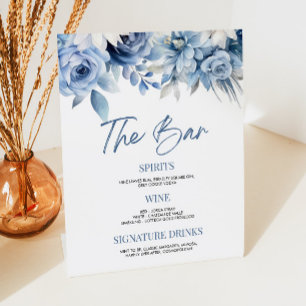 Elegante Dusty Blue Floral Wedding Bruids Bar Reclamebord Met Voetstuk