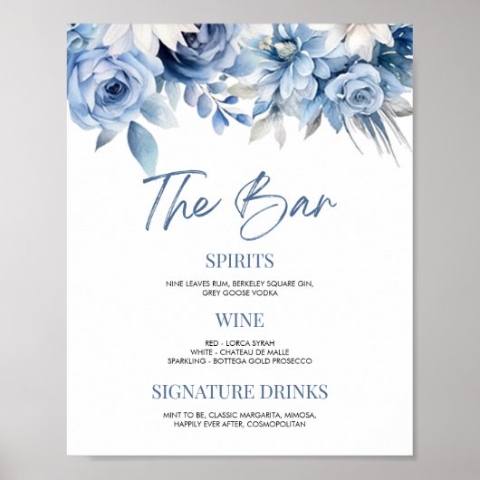 Elegante Dusty Blue Floral Wedding Bruids Bar Sign Poster (Voorkant)