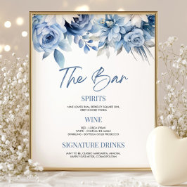 Elegante Dusty Blue Floral Wedding Bruids Bar Sign Poster