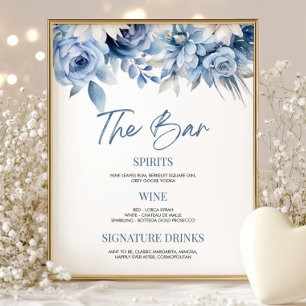 Elegante Dusty Blue Floral Wedding Bruids Bar Sign Poster
