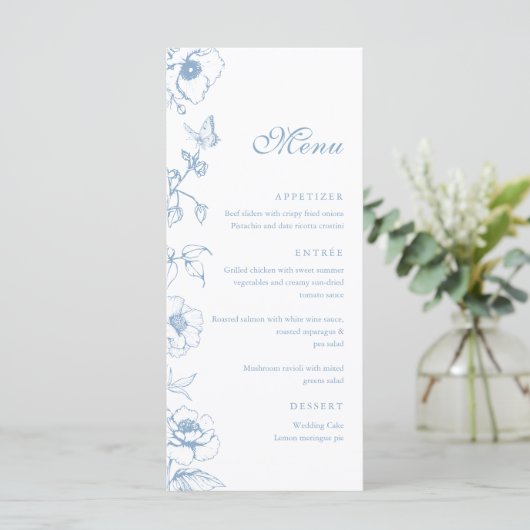Elegante Dusty Blue Floral Wedding Flat Menu (Staand voorkant)