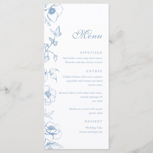 Elegante Dusty Blue Floral Wedding Flat Menu (Voorkant)