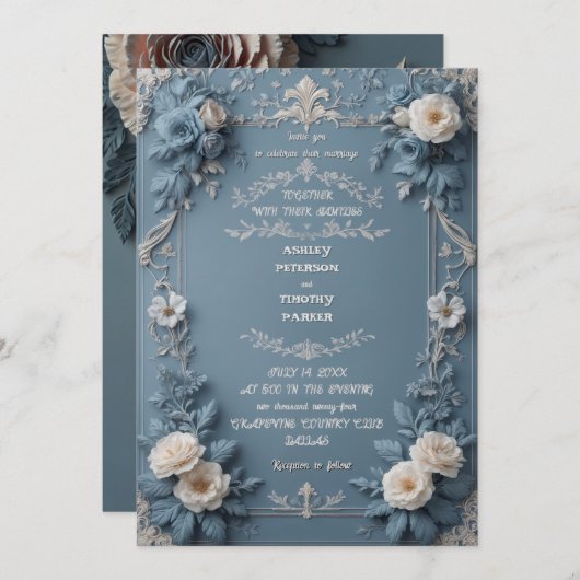 Elegante Dusty Blue  Floral Wedding Invitati Kaart (Voorkant / Achterkant)