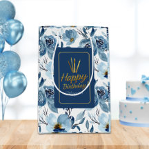Elegante Dusty Blue Floral White Happy Birthday