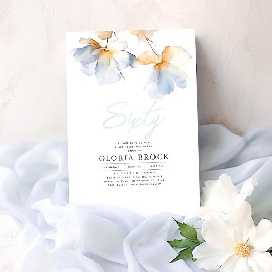 Elegante Dusty Blue Flowers Minimalistische Verjaa Kaart