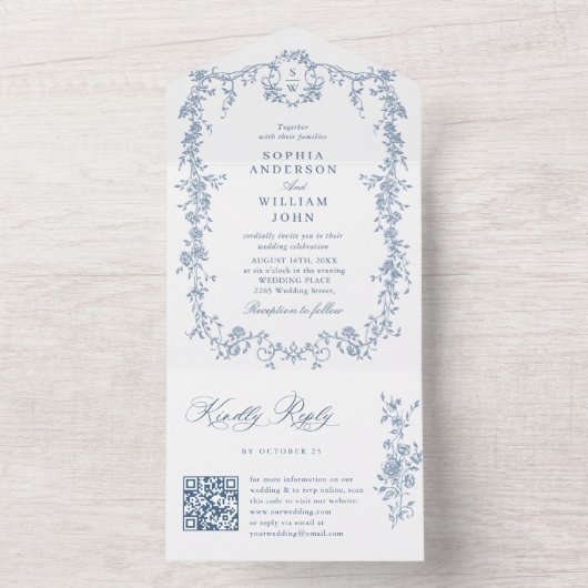 Elegante Dusty Blue Franse Tuin QR code bruiloft All In One Uitnodiging (Binnen)