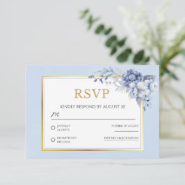 Elegante Dusty Blue Gold Floral Wedding RSVP Kaart