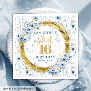 Elegante Dusty Blue Gold Glitter Sweet Sixteen Servet
