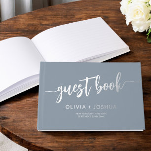 Elegante Dusty Blue Gold Photo Minimalist Gastenboek