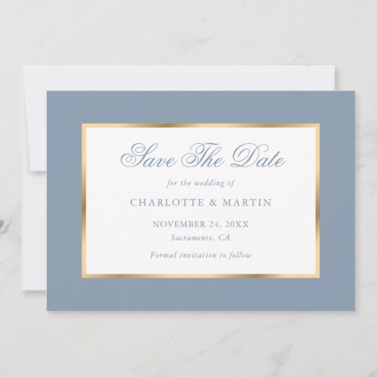 Elegante Dusty Blue Gold Wedding Save The Date (Voorkant)