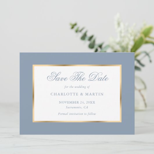 Elegante Dusty Blue Gold Wedding Save The Date (Staand voorkant)