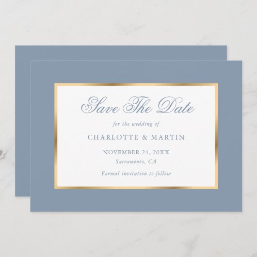 Elegante Dusty Blue Gold Wedding Save The Date (Voorkant / Achterkant)