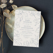 Elegante Dusty Blue Line Art Botanical Baby shower Kaart