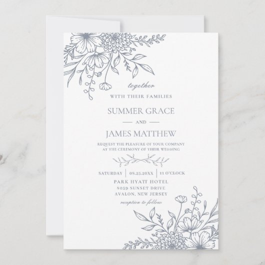 Elegante Dusty Blue Line Art Floral Wedding Kaart (Voorkant)