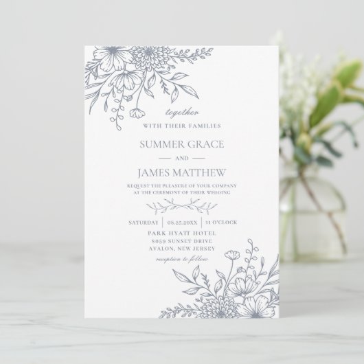 Elegante Dusty Blue Line Art Floral Wedding Kaart (Staand voorkant)